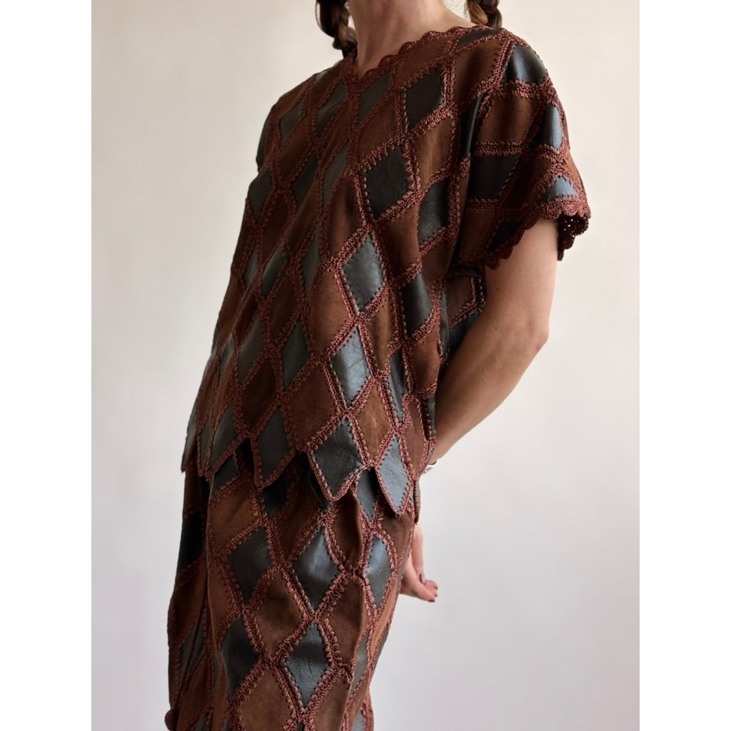 Vintage 1970s Handmade Turkish Diamond Patchwork Leather Top