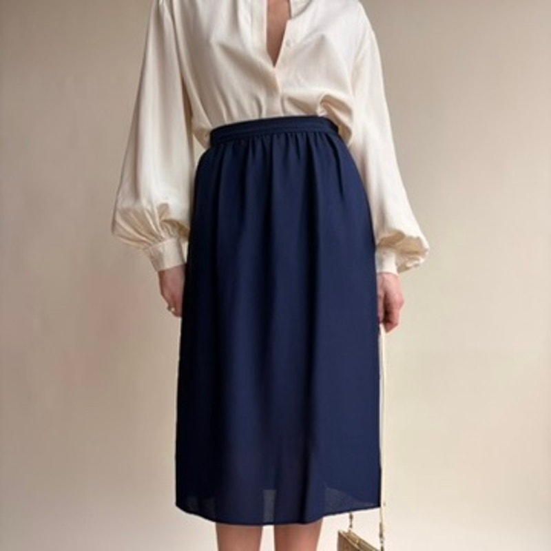 Navy Blue A-Line Midi Skirt - 80s Vintage, Size 4 (Fits 0)