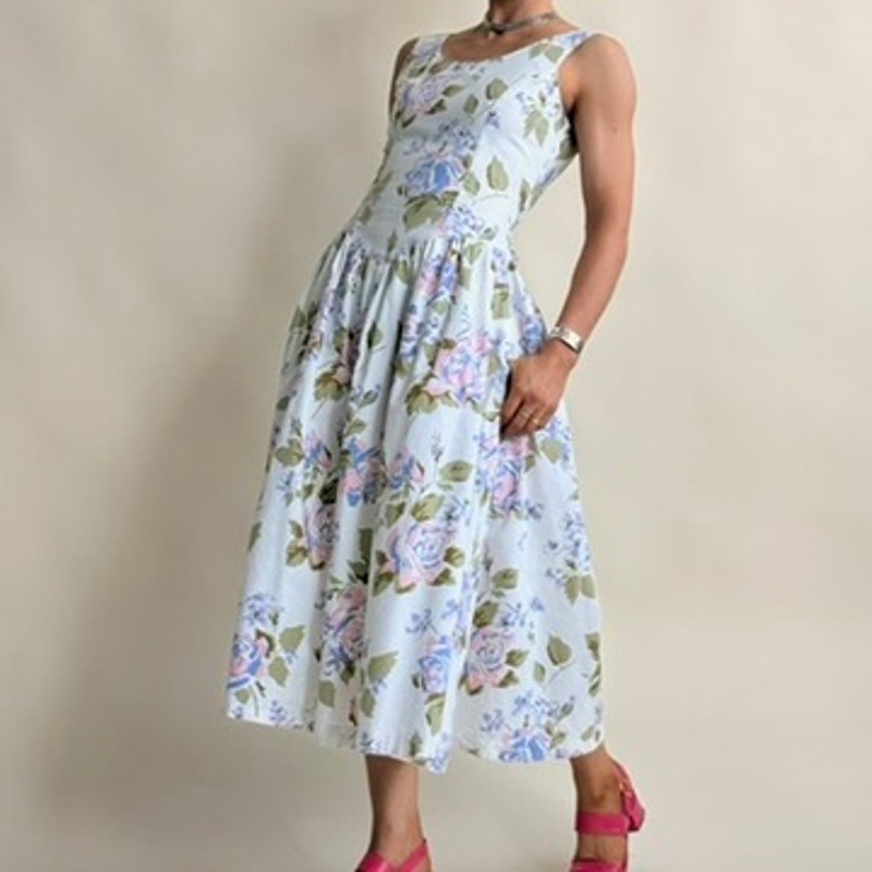 Maggie Lawrence Sport Collection White Floral Drop-Waist Dress -100% Cotton- Size 9/10 (Fits S)