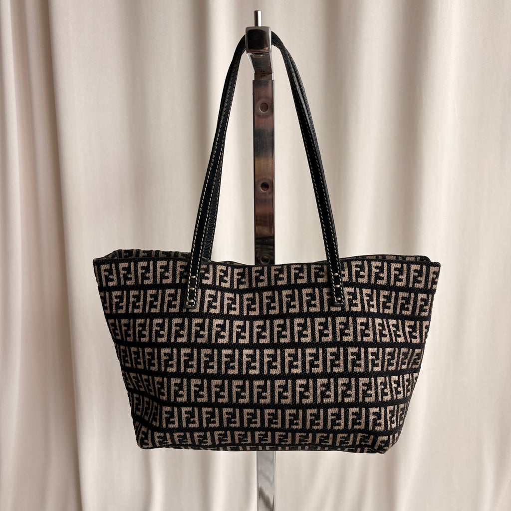 Vintage Fendi Zucchino Roll Tote - Black & Tan Textured Canvas
