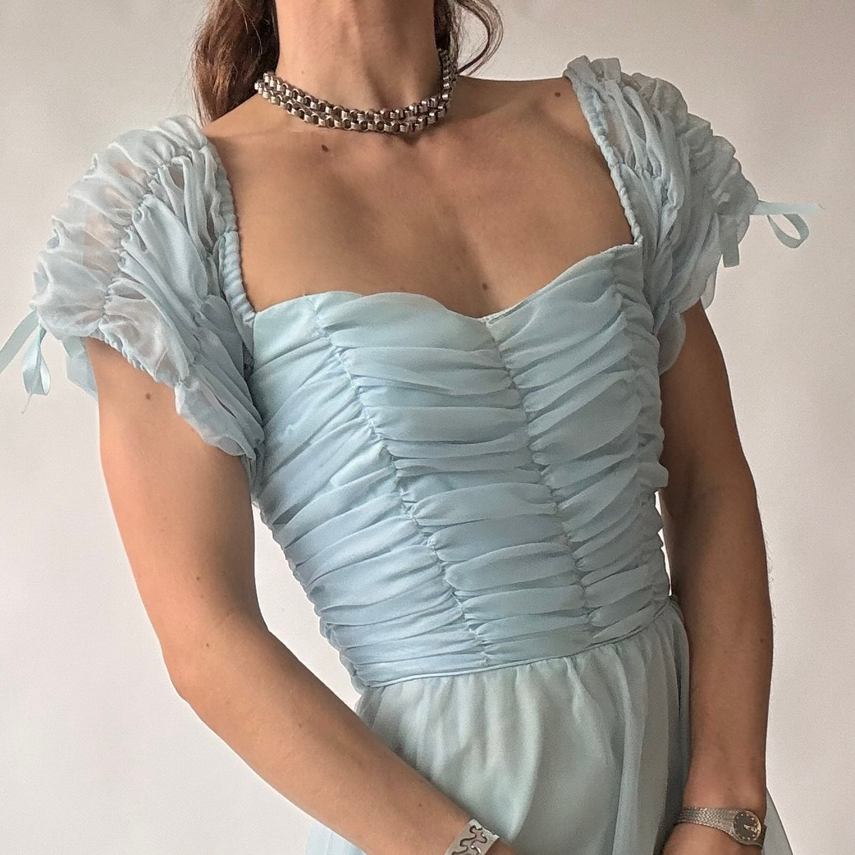Roberta of California Vintage Powder Blue Ruched Off-Shoulder Gown