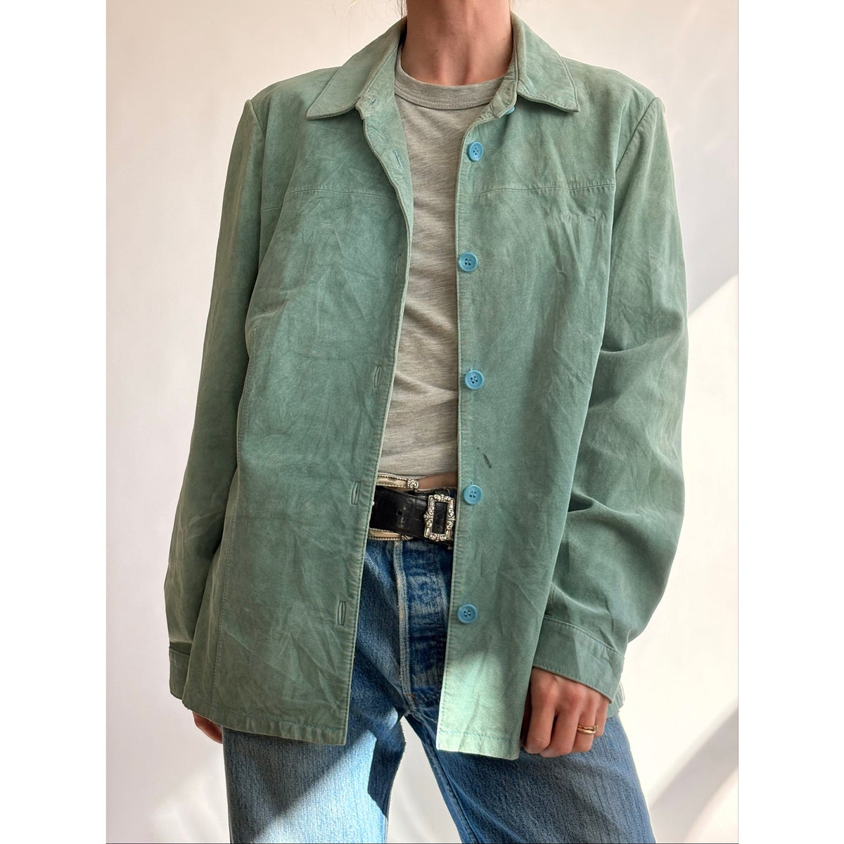 Bernardo Sea Foam Green Suede Button-Down Shirt/Jacket