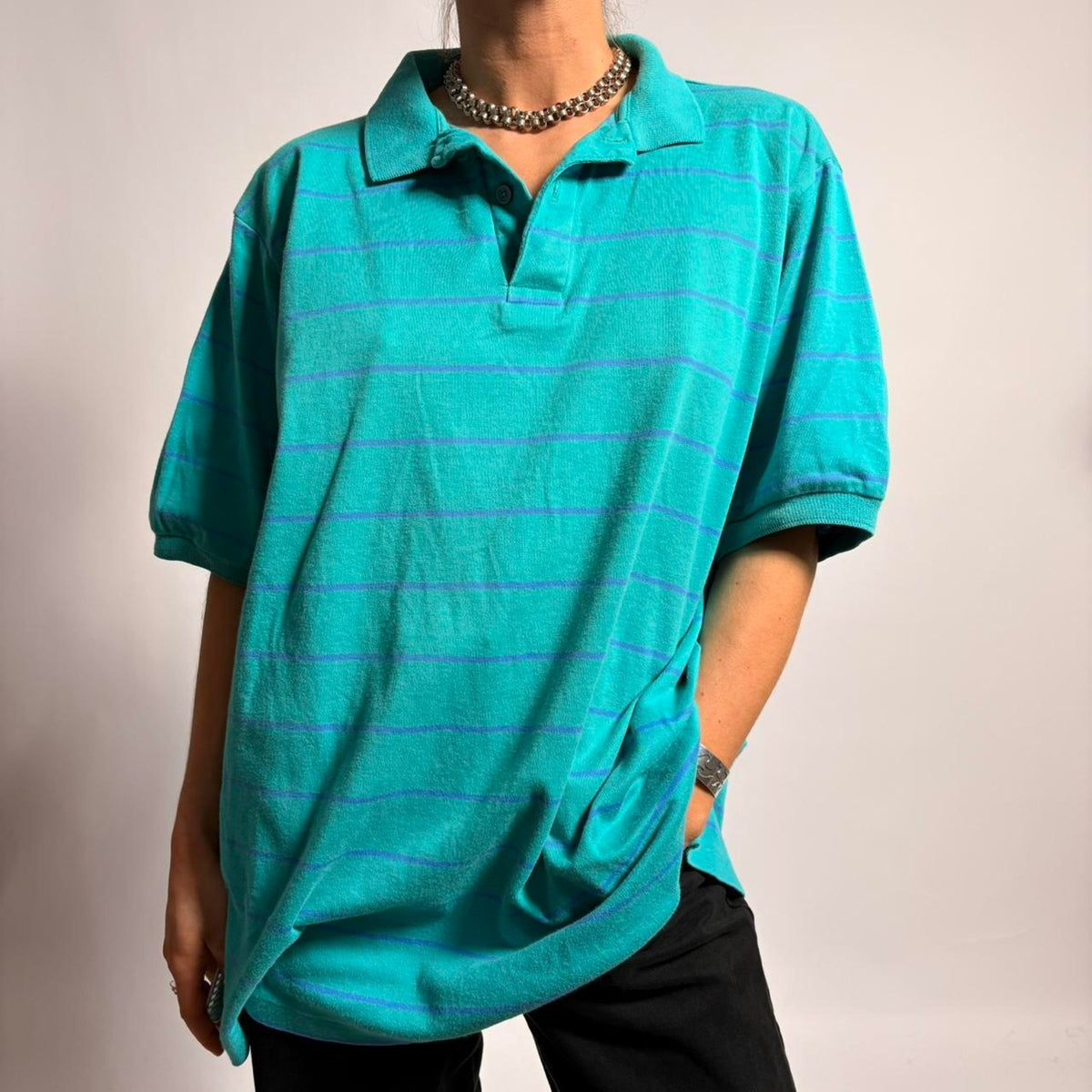 Vintage L.L.Bean Men's Polo - Teal/Blue Stripe, Size Large