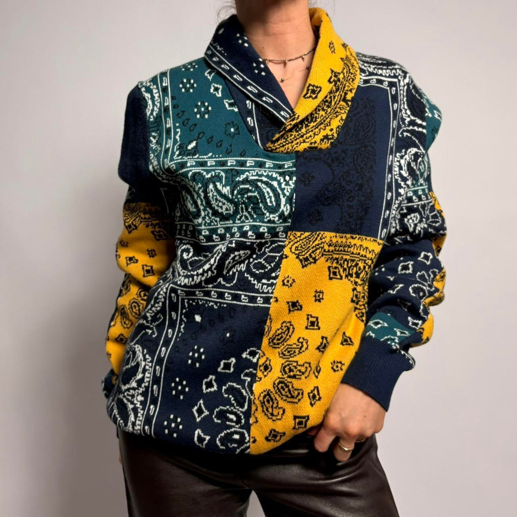 Sun + Stone Bandanna Print Shawl Collar Sweater - Yellow/Green/Blue, Size Medium