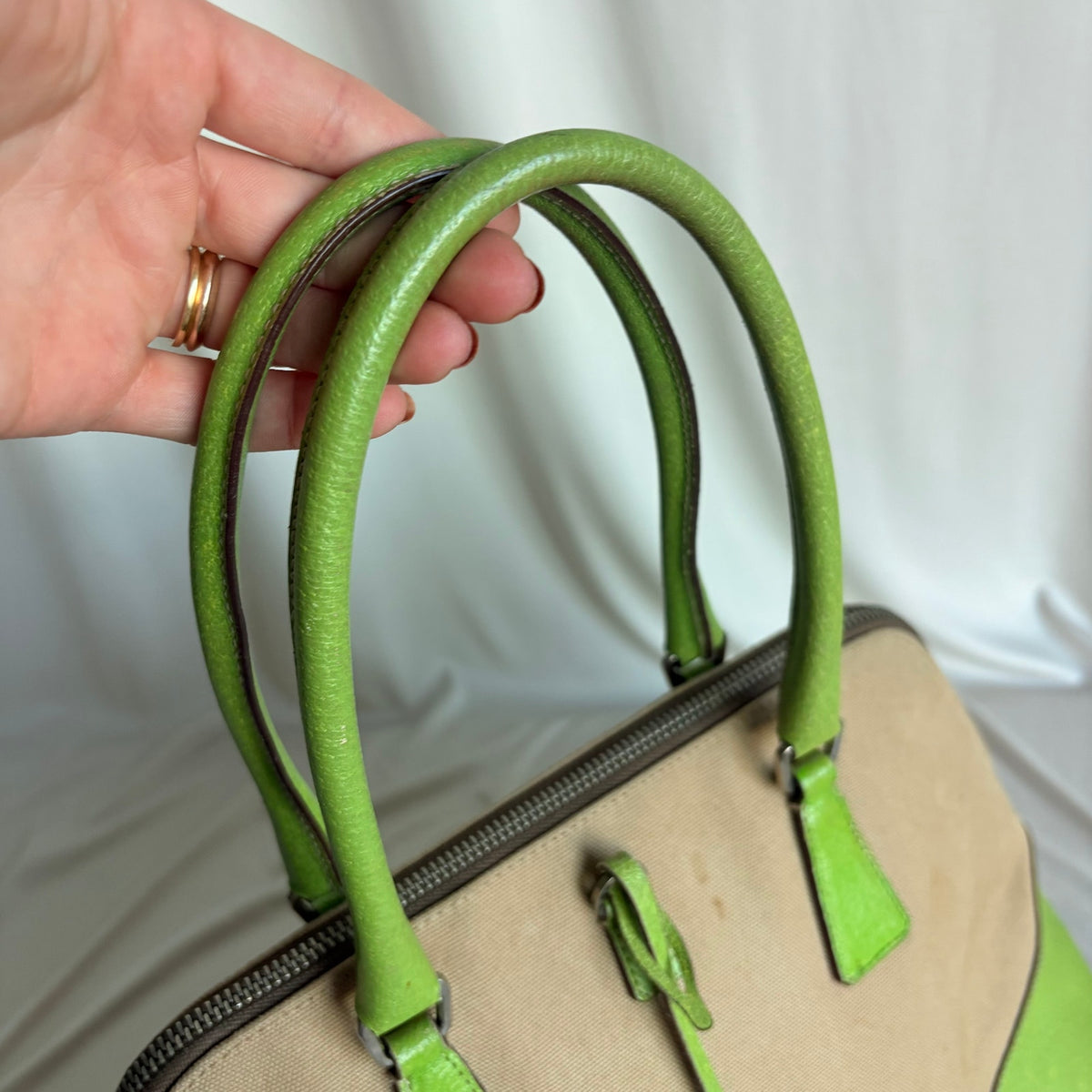 Vintage Prada Beige Canapa Dome & Lime Green Leather Trim Bowling Bag