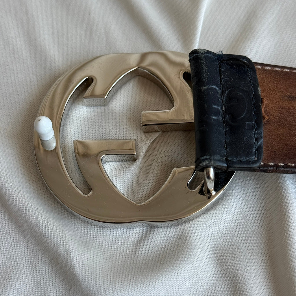 Gucci Guccissima Leather Belt - Black, Silver Interlocking G, Size 95cm