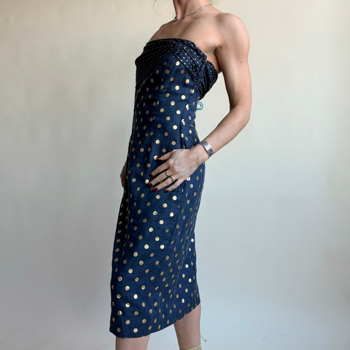 Albert Nipon Navy Blue Strapless Wiggle Dress - Gold Polka Dot, Bow Detail, Size 4/6