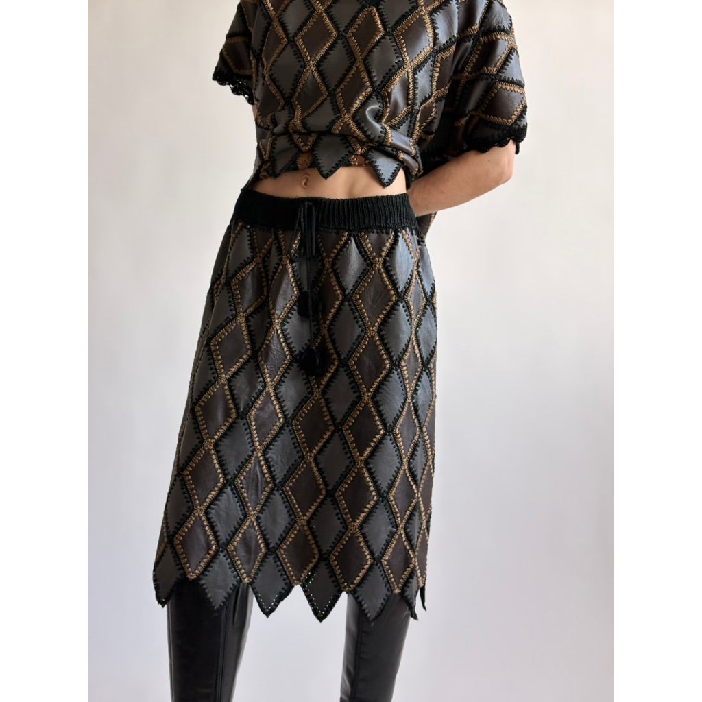Vintage 1970s Handmade Turkish Diamond Patchwork Leather Skirt
