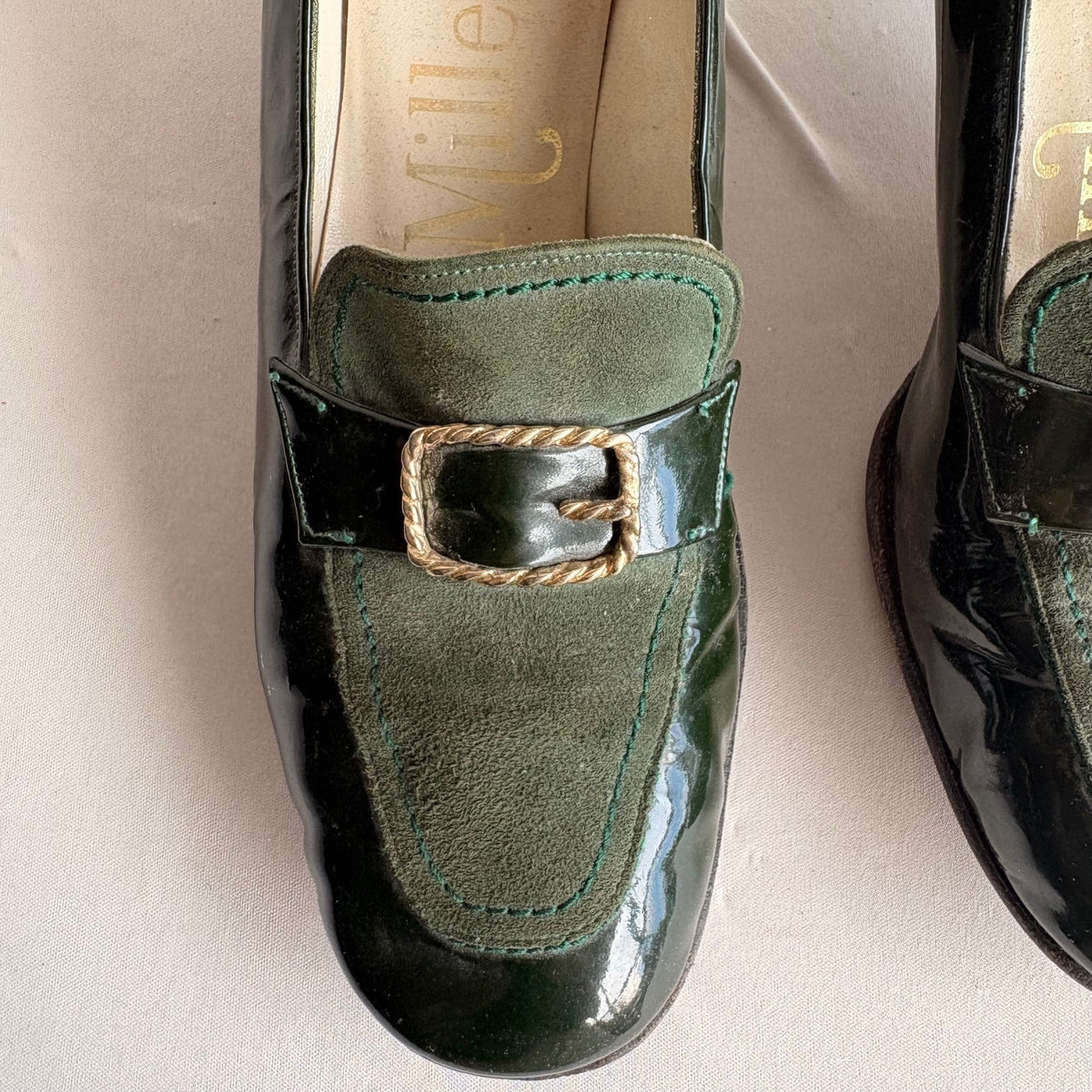 I. Miller Vintage Green Patent Leather & Suede Heeled Loafers - 2" Heel