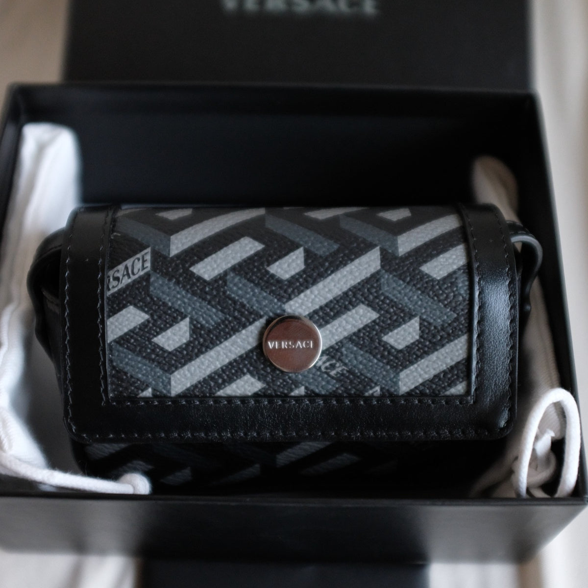 Versace La Greca Mini Bag Coated Canvas Monogram & Calf Leather -Black + Gray