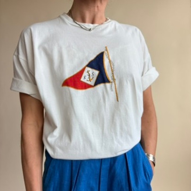 J.McLaughlin Nautical Flag T-Shirt - White, 100% Cotton, Made in Italy, (Fits Medium)