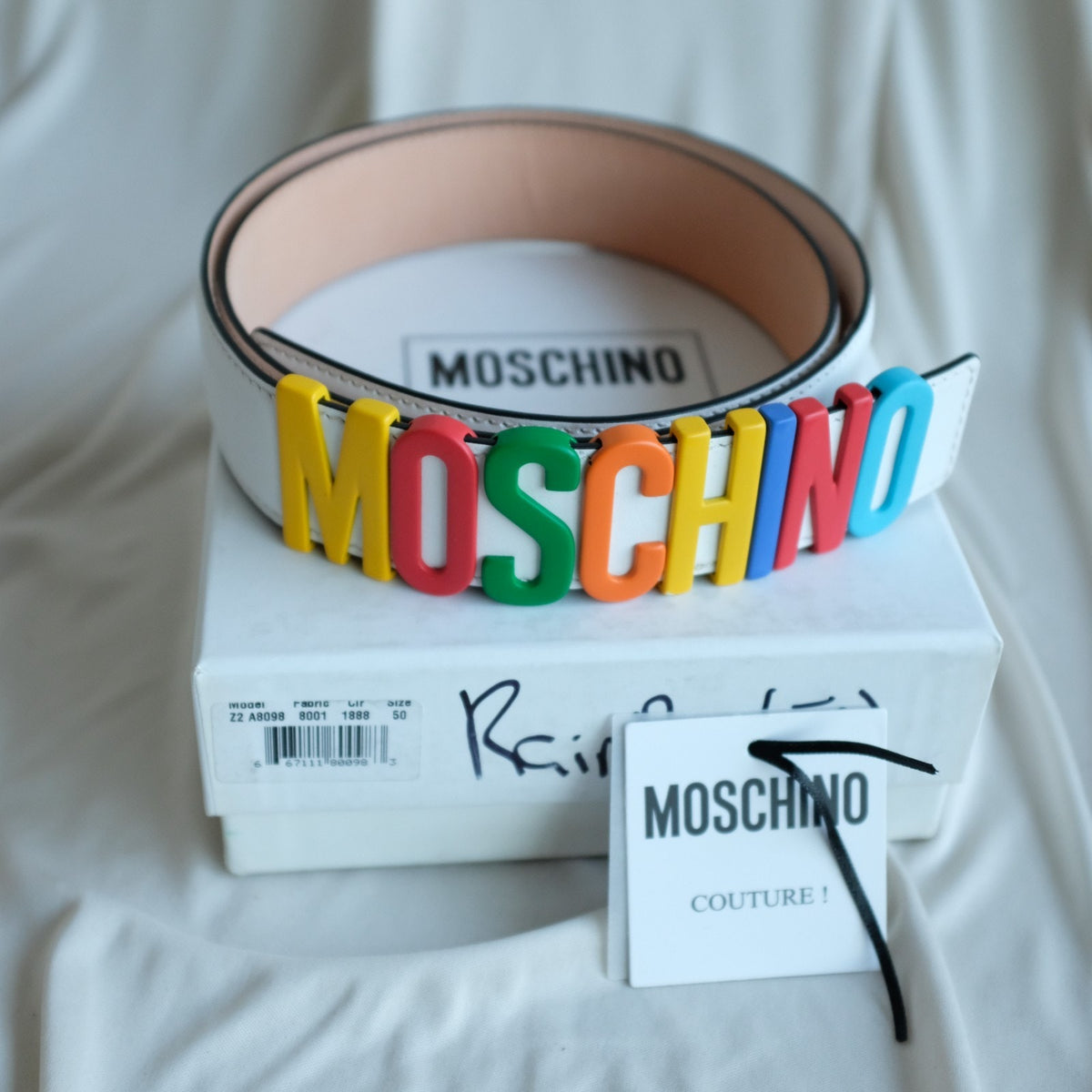 Moschino White Leather Multicolor Logo Buckle Belt Size IT50