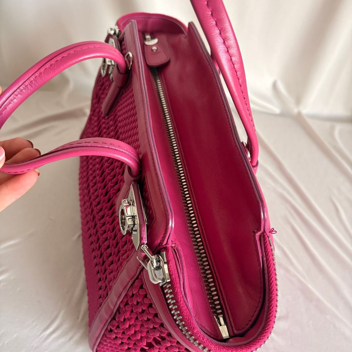 Salvatore Ferragamo Verve Pink Woven Satin Tote