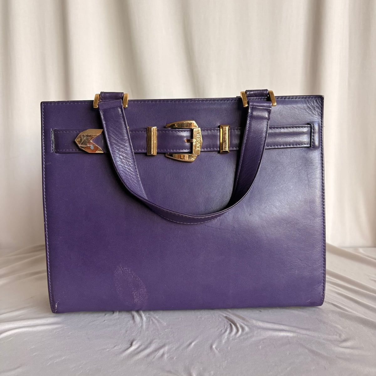 Vintage Gianni Versace Signature Buckle Purple Leather Handbag