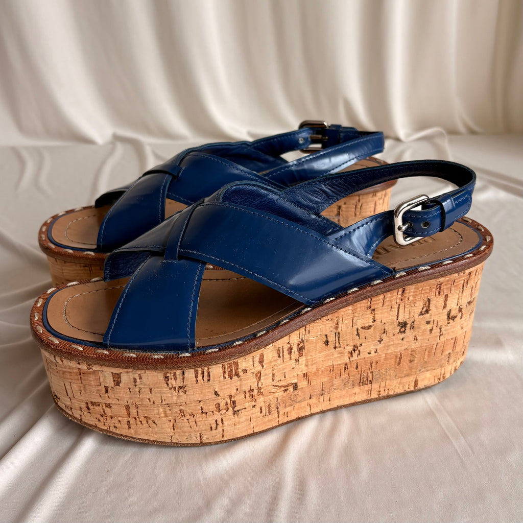 Prada Crisscross Blue Leather Wedge Sandals - EU 38 / US 7