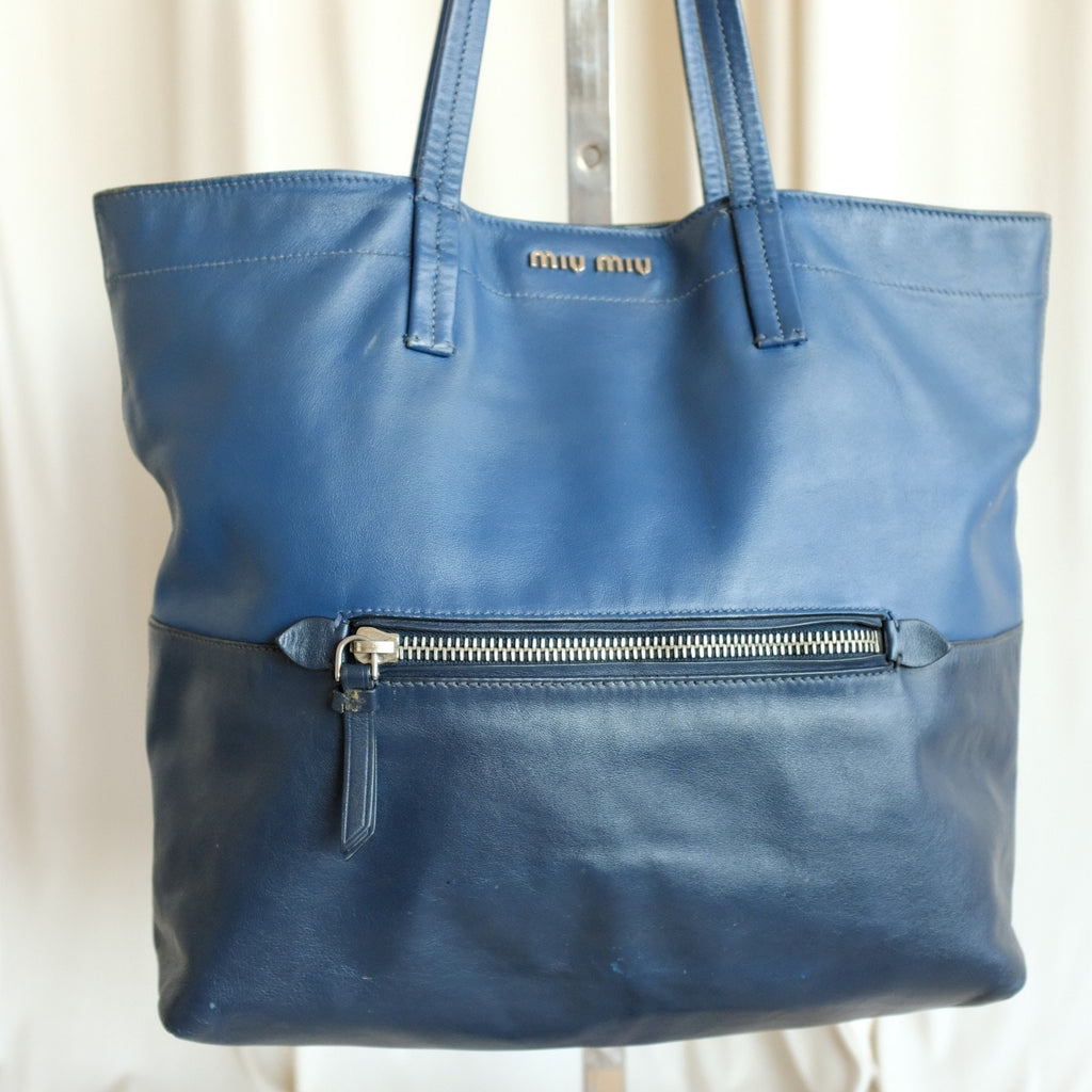 MIU MIU Vitello Soft Leather Shopping Tote Bag - Blue & Navy Two-Tone w/ COA