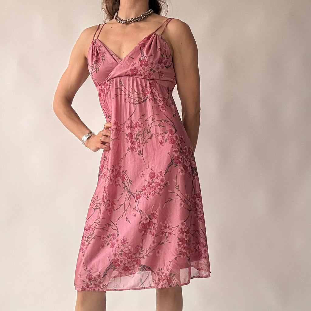 Vintage Y2K Pink Cherry Blossom Print Babydoll Dress