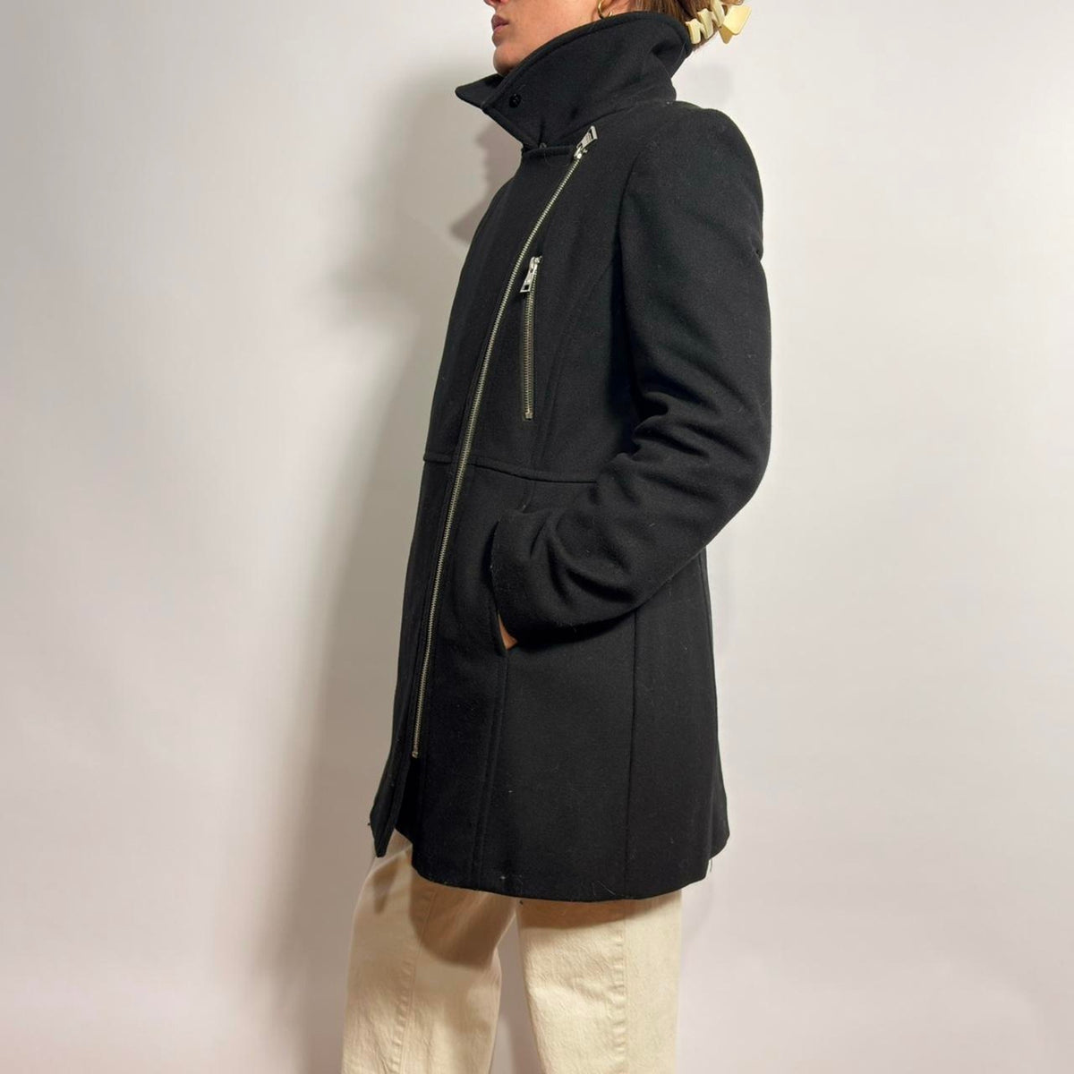Karl Lagerfeld Black Wool Moto Coat - Small