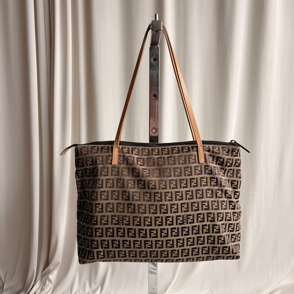 Vintage Fendi Brown and Tan Zucchino Canvas Tote - Early 2000s