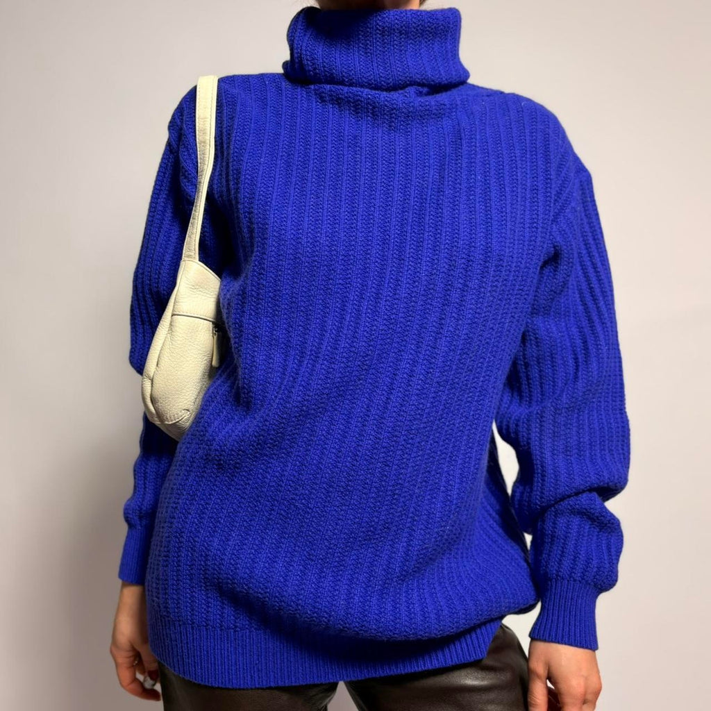 Blue Ribbed Turtleneck Sweater - Fits Medium