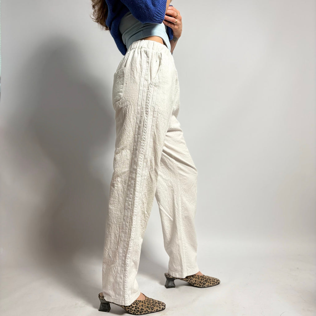 White Straight Leg Pants with Athletic Stripes - Label Large (Fits Small)