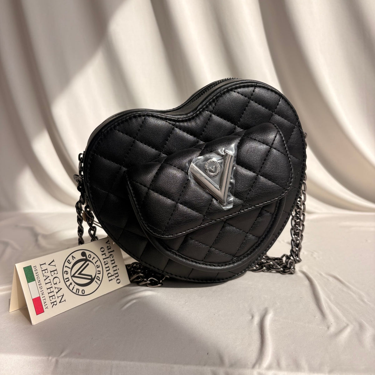 Valentino Orlandi Black Quilted Heart Crossbody Bag, NWT