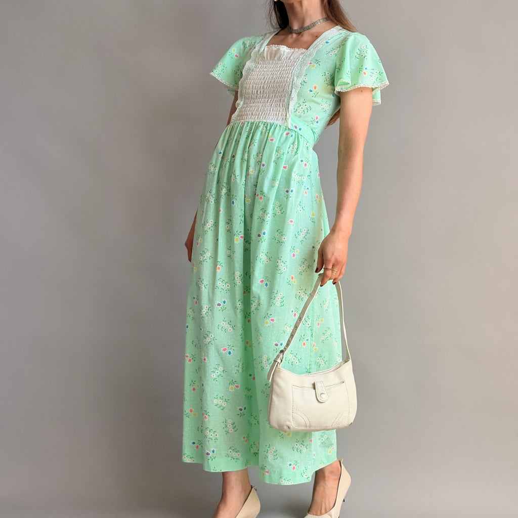Vintage 70s Sears Growing Girl  Green Floral Prairie Dress - Small