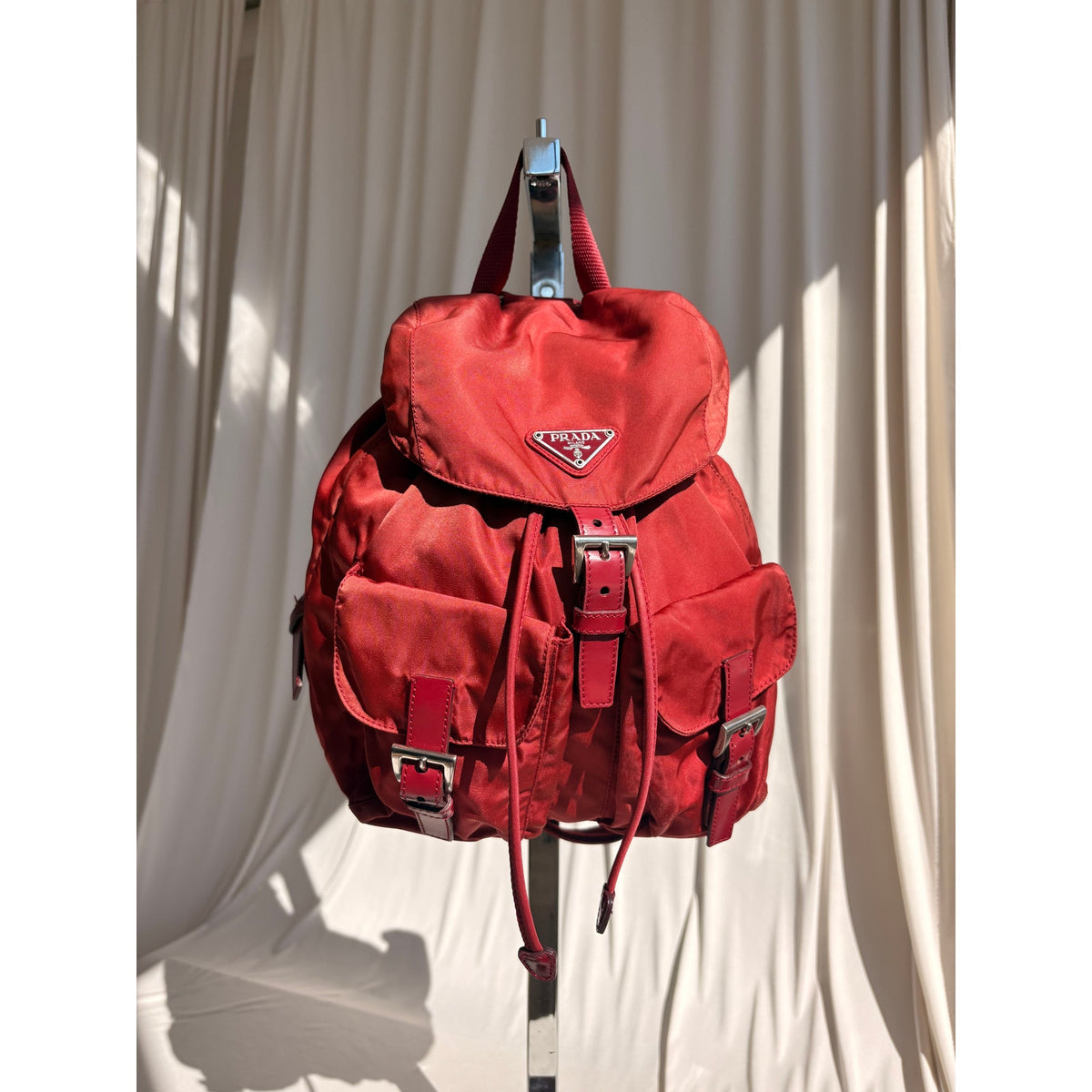 Vintage Prada Red Tessuto Vela Nylon Drawstring Backpack