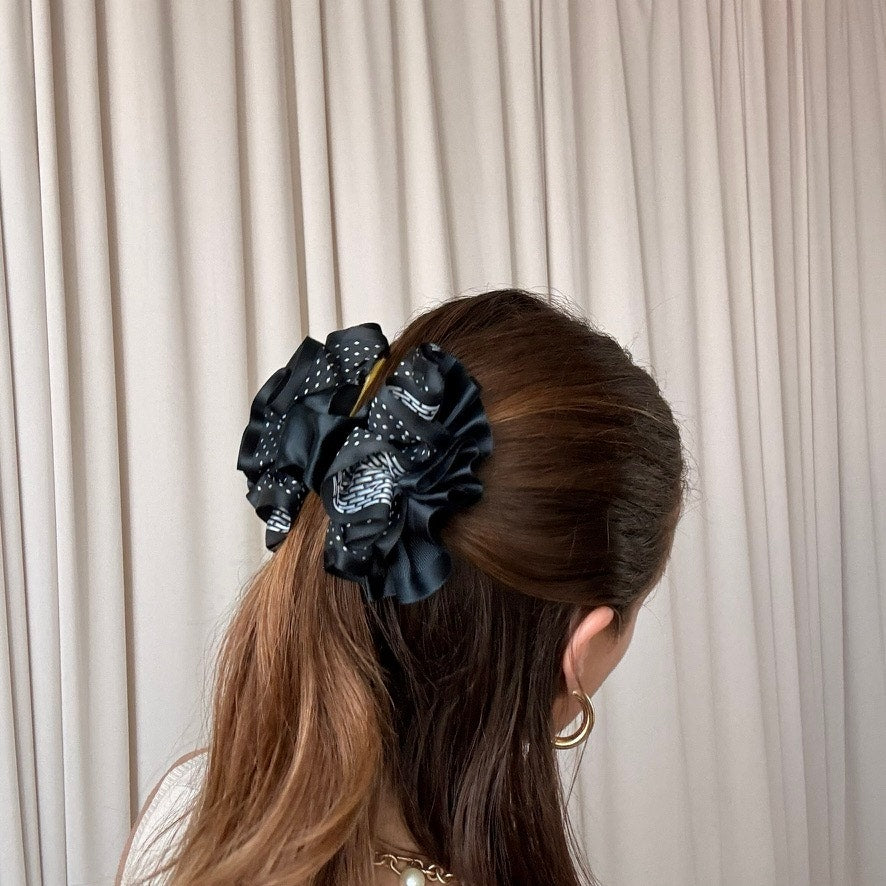 Black & White Checkered Ribbon Claw Clip - Retro, 4"