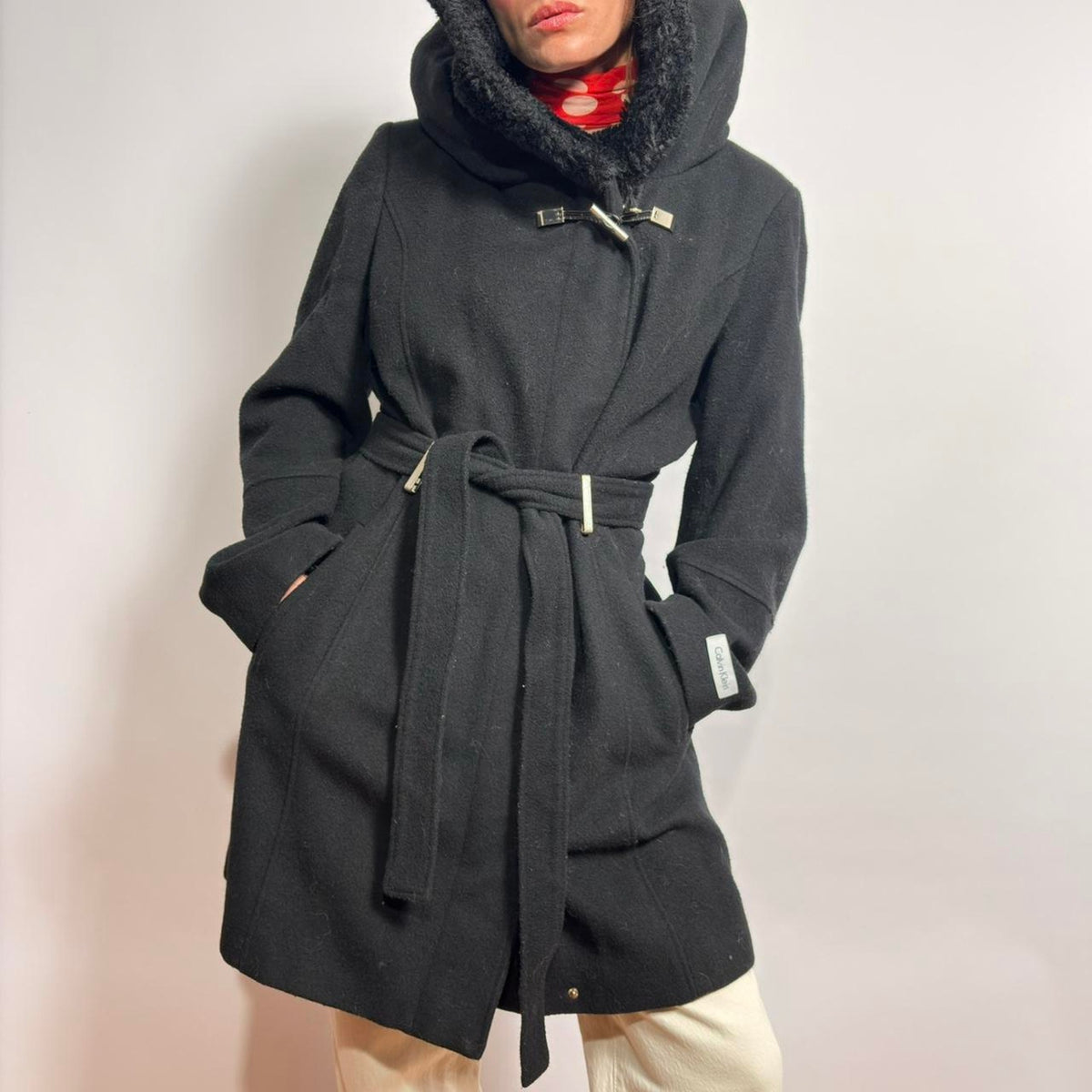 Calvin Klein Black Belted Coat - Large (Fits Medium)