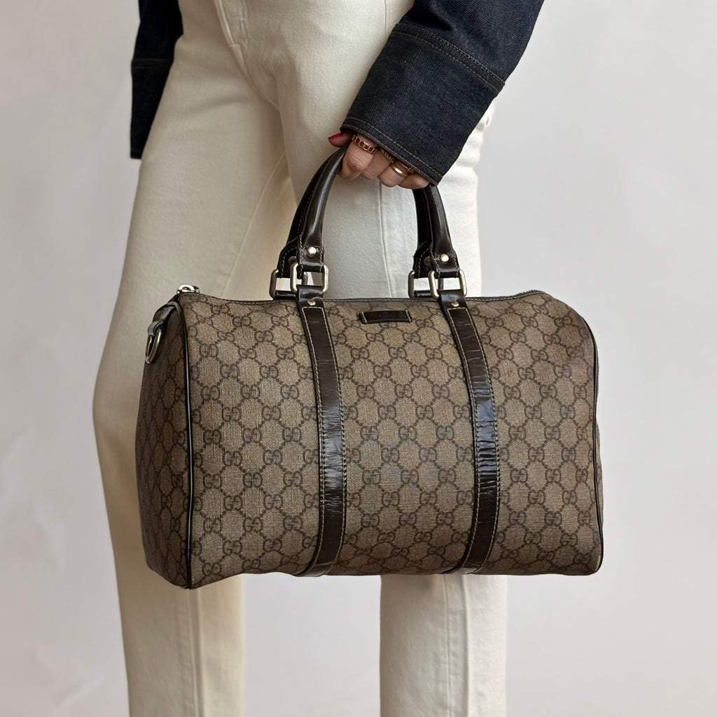 Gucci Joy Boston Bag - GG Supreme Coated Canvas, Dark Brown Patent Leather Trim