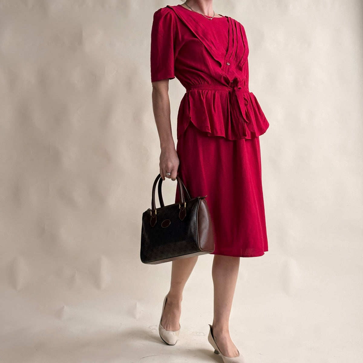 South Bay Vintage Red Wrap Peplum Dress - Pleated Detail, Tie Waist