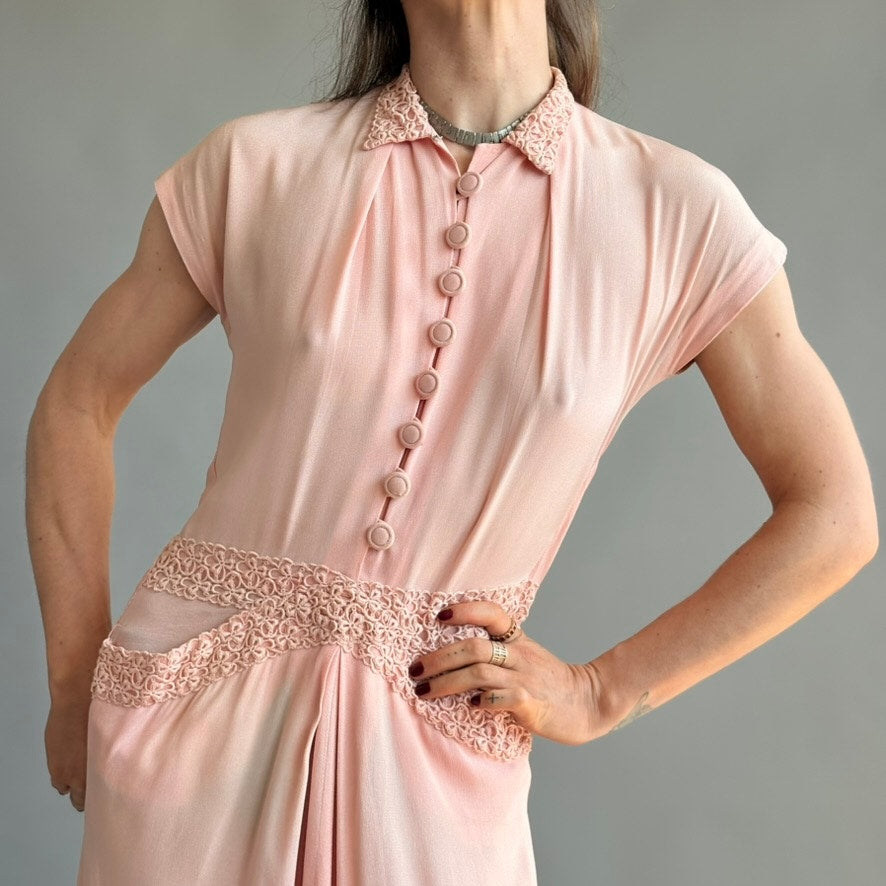 Vintage 1940s A Minx Modes Junior Pink Rayon Crepe Lace Dress