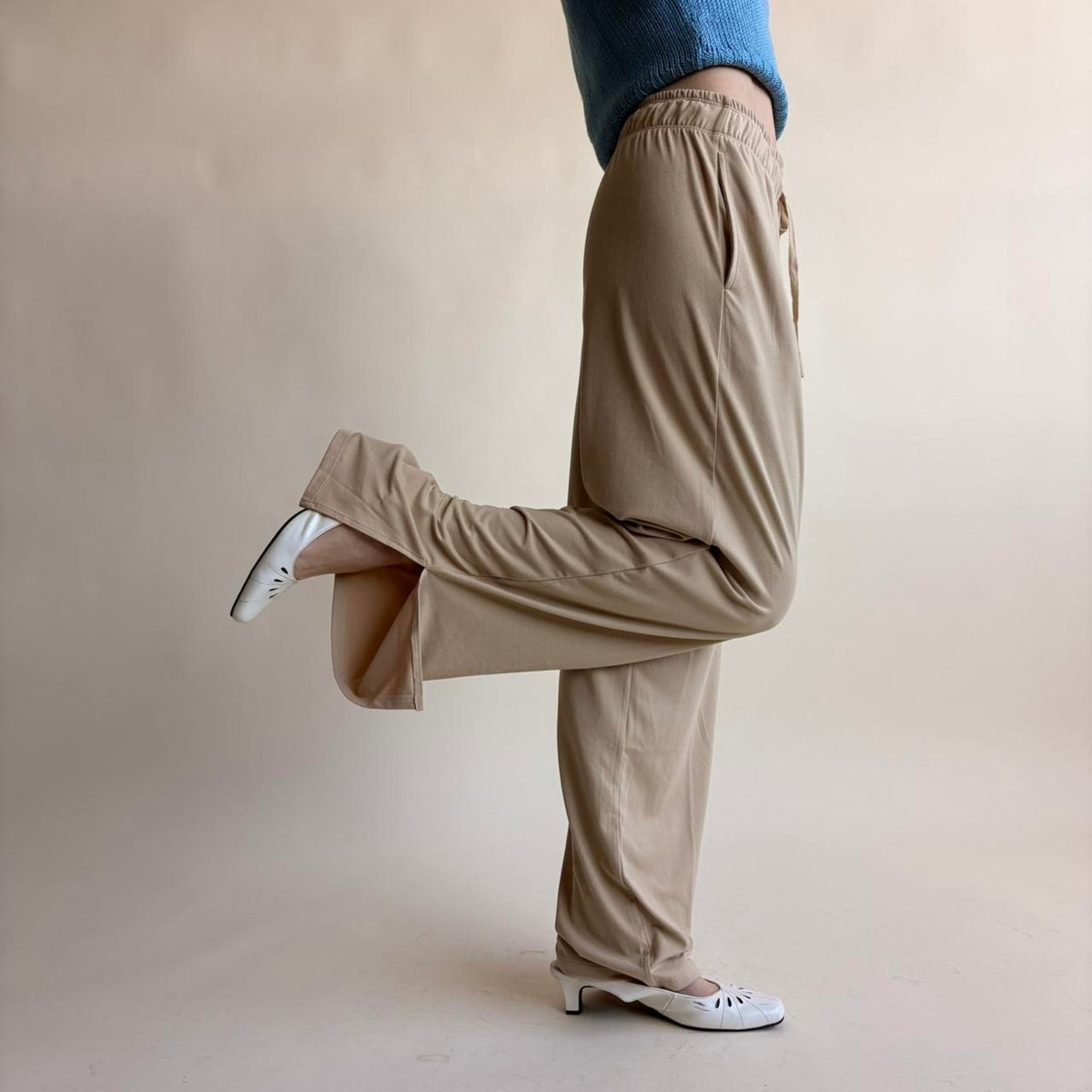 Tan Wide Leg Lounge Pants - Drawstring Waist, Ankle Slits, Size XS