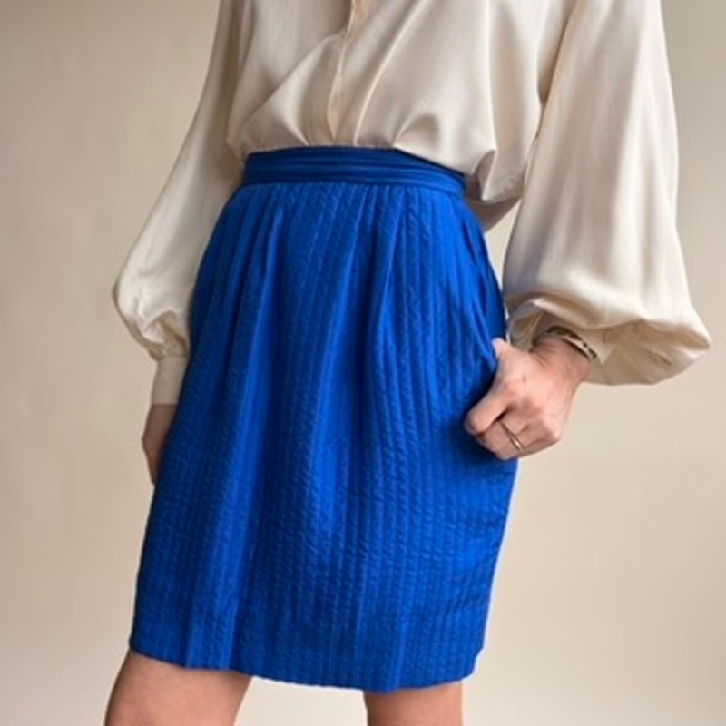 Cobalt Blue Quilted Silk Skirt - Vertical Stitching, 80s Vintage, Size 4