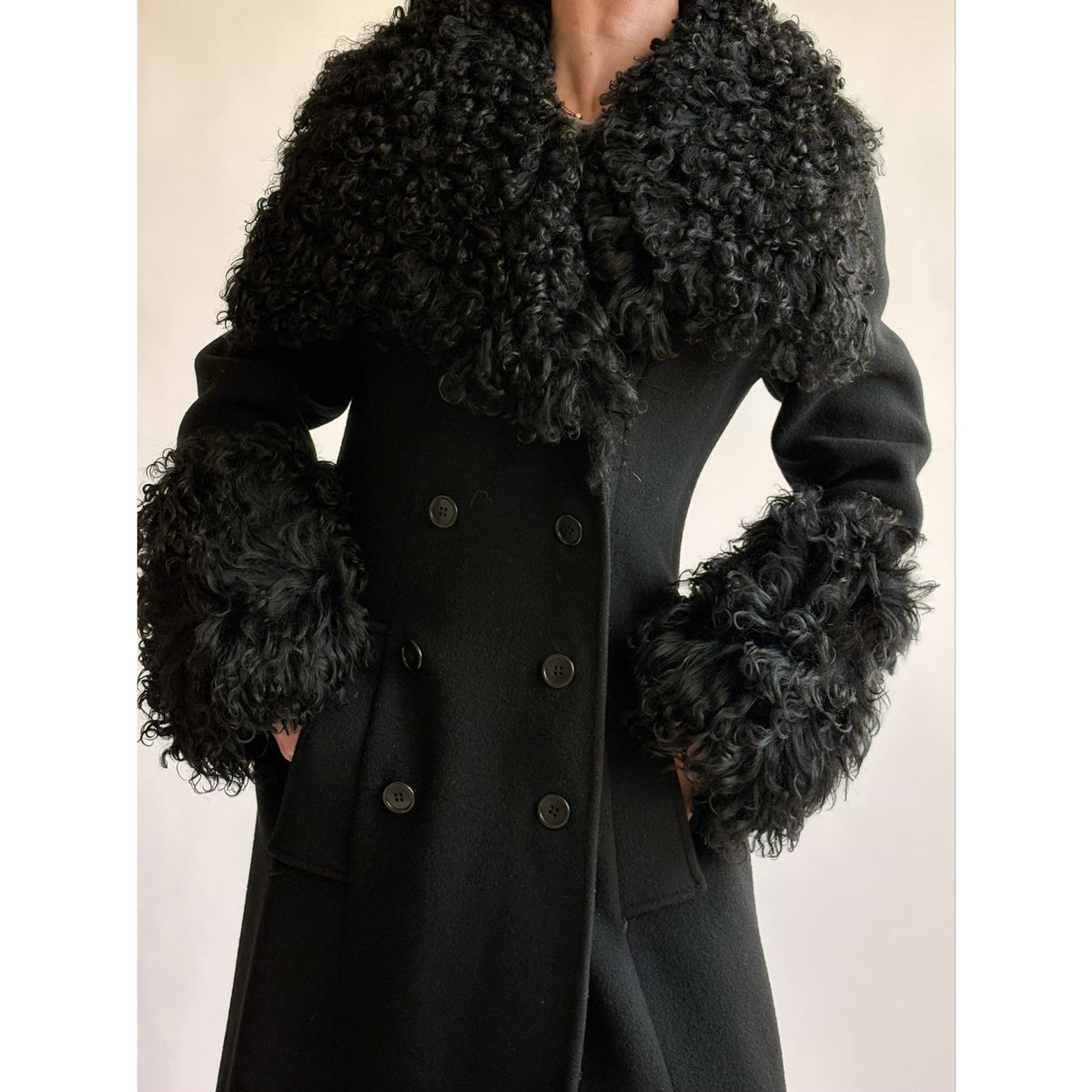 Vintage 1970s Black Wool & Mongolian Shearling Coat