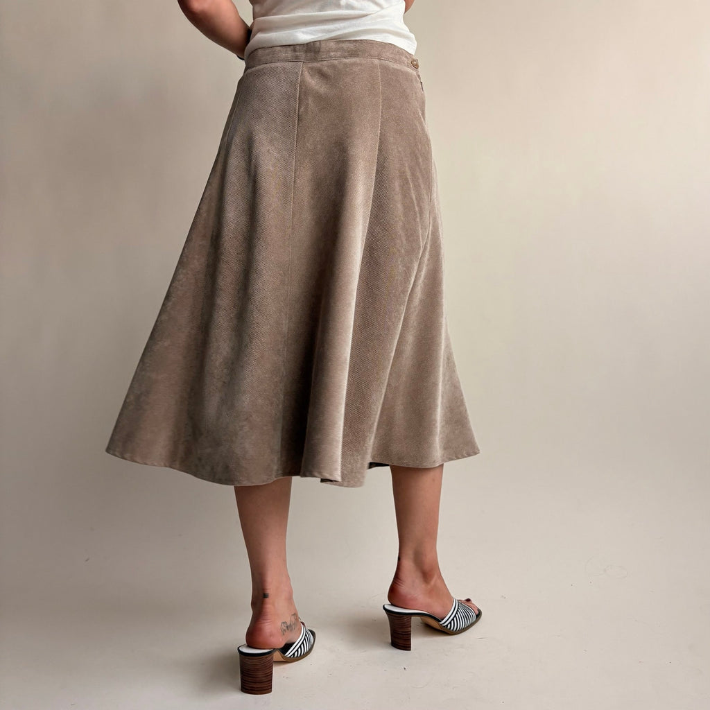 Edinburgh Woolen Mills Taupe A-Line Midi Skirt - Elastic Panel Waist, Size Small