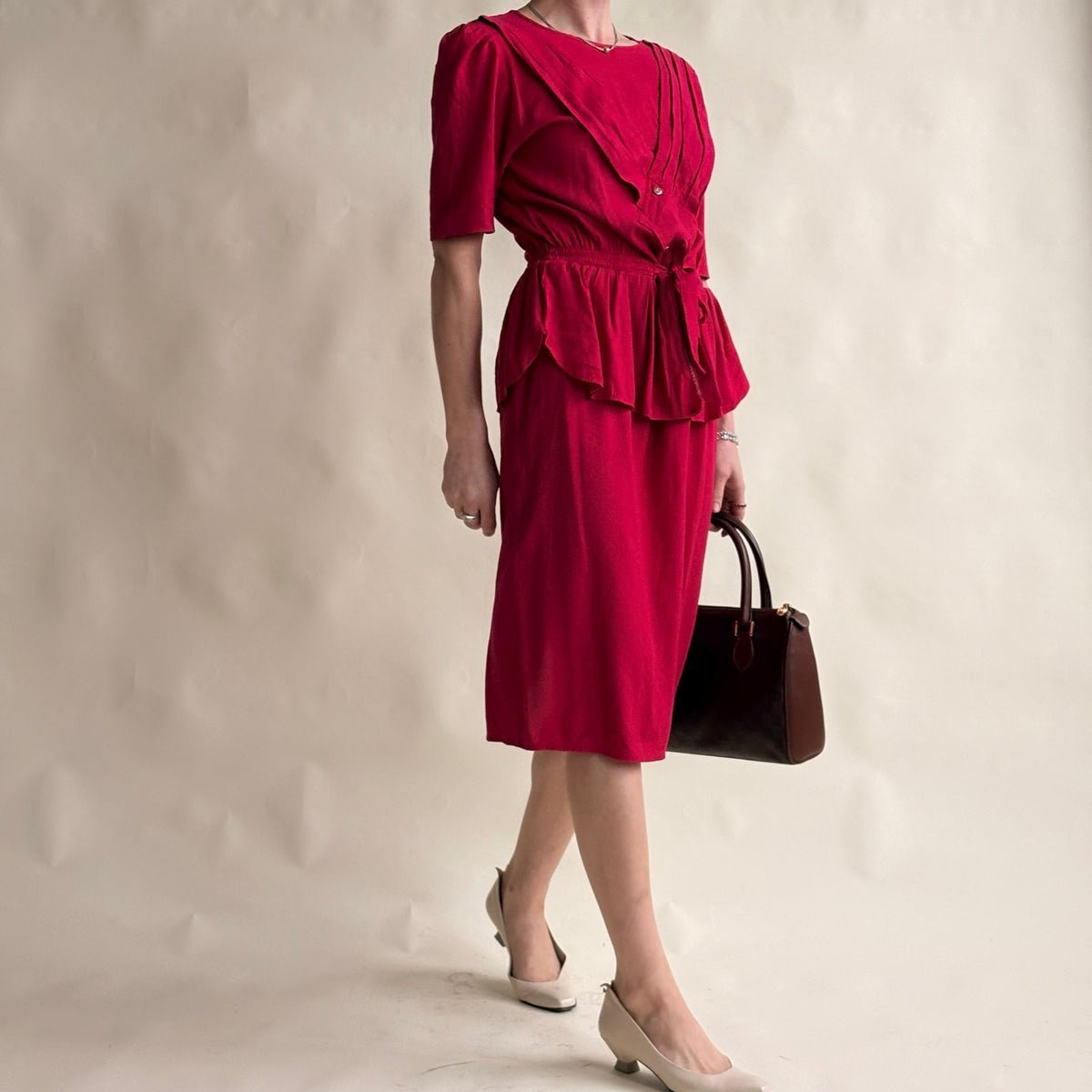 South Bay Vintage Red Wrap Peplum Dress - Pleated Detail, Tie Waist