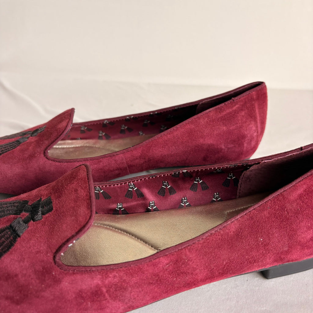 Isaac Mizrahi Burgundy Suede Loafer Flats - Tassel Detail, 7.5