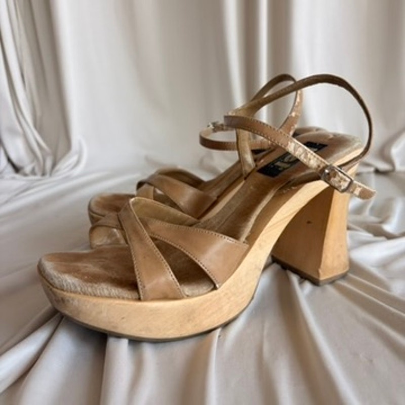 l.e.i. Wooden Platform Sandals - Brown Strappy, Chunky Block Heel, 90s/Y2K, Size 8