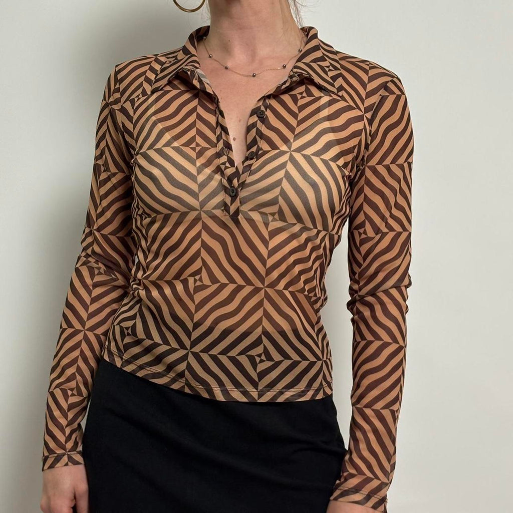 Sheer Zara Brown Abstract Geometric Button Up Top - Small