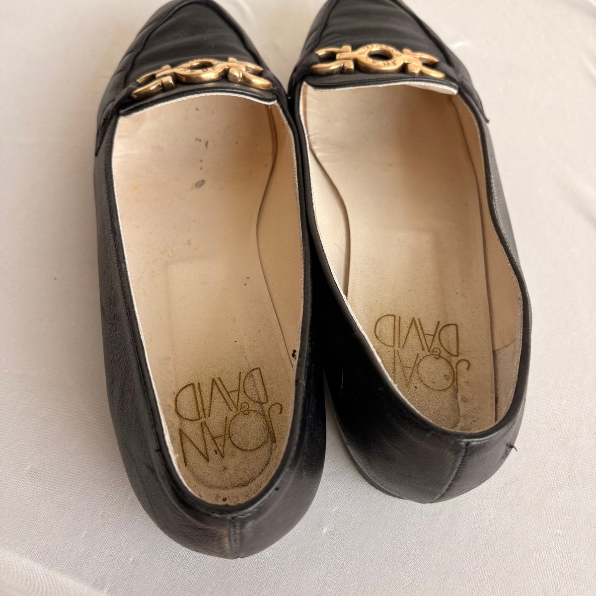 Vintage Joan & David Black Leather Loafers - Gold Gancini Hardware, Square Toe