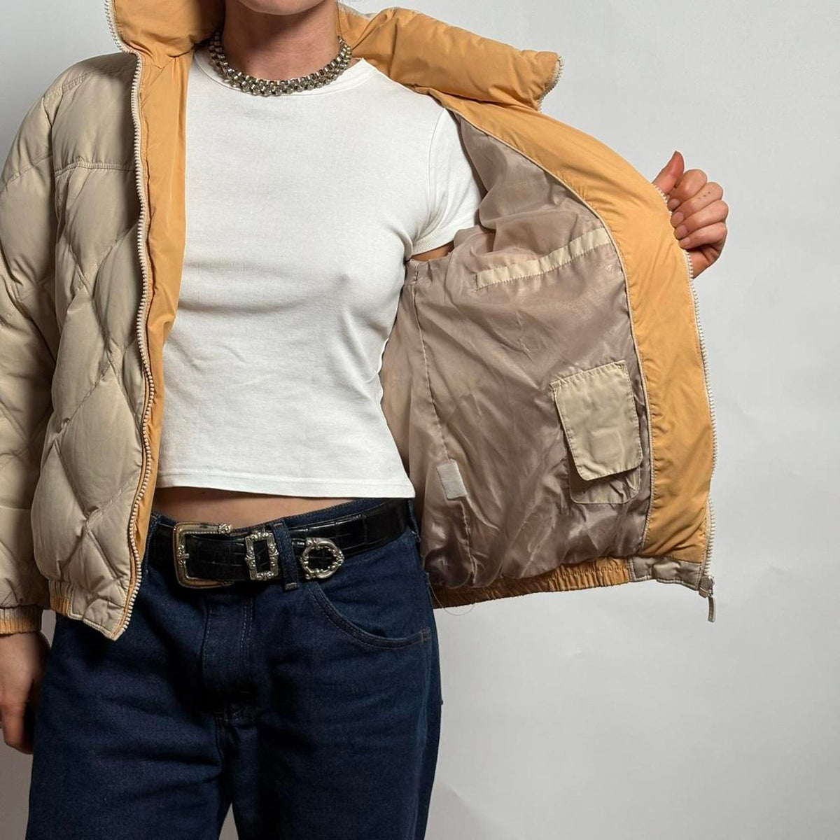 Cream Quilted Cropped Puffer Jacket w/ hood - Small