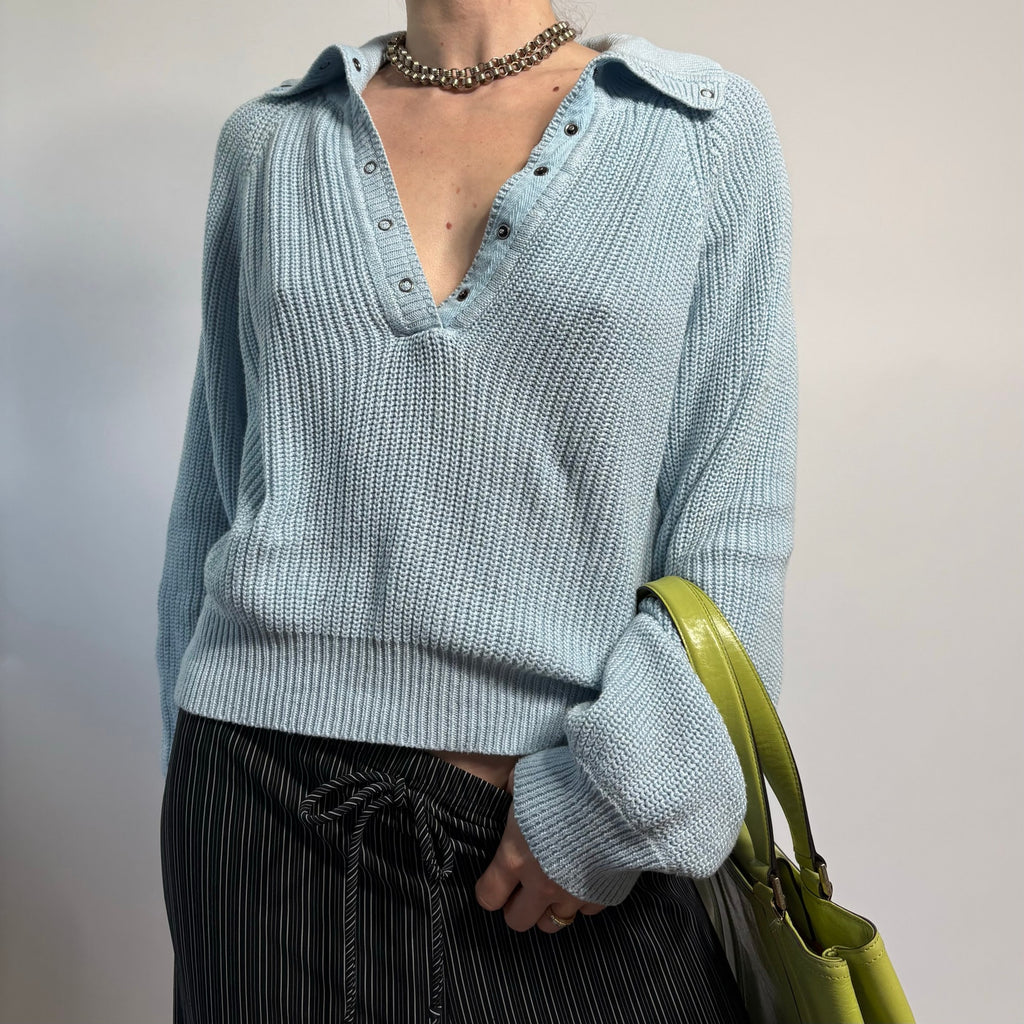 Baby Blue V-Neck Sweater with Button Collar - Medium