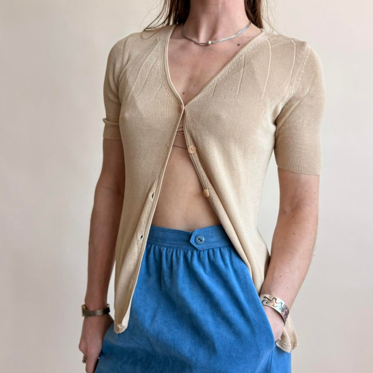 Caroline Little Knitwear Nude Tan Rayon Knit Top - Size Small