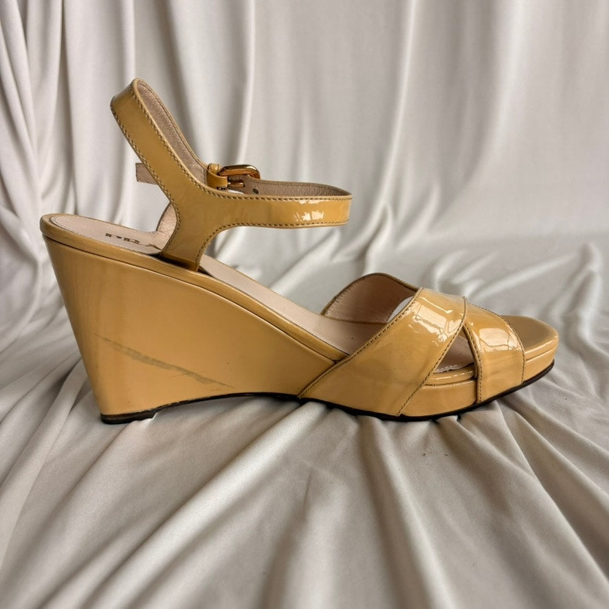 Vintage Prada Butter Yellow Patent Leather Wedge Sandals - Y2K, EU 39.5/US 9.5