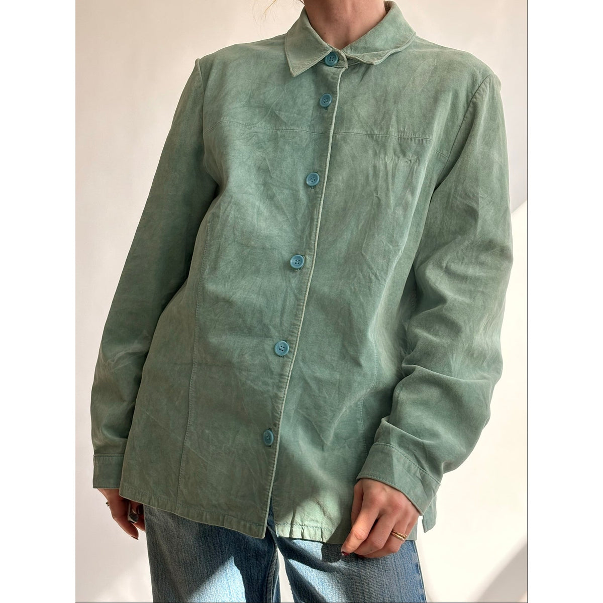 Bernardo Sea Foam Green Suede Button-Down Shirt/Jacket