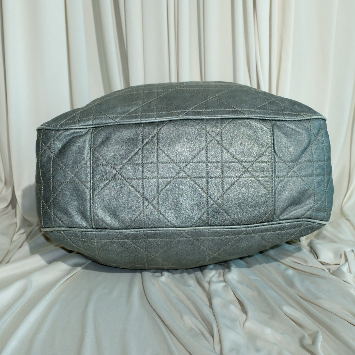 VTG Christian Dior Quilted Lambskin Leather Cannage Drawstring Bucket Bag Silver