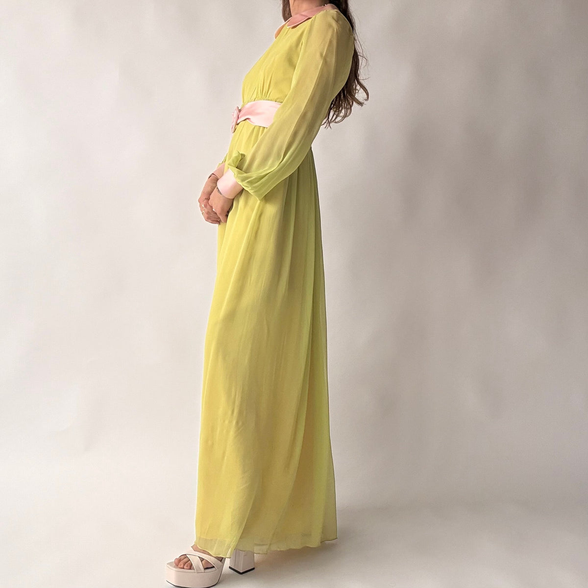 Vintage 60s/70s Chartreuse Peter Pan Collar Maxi Dress w/ Belt