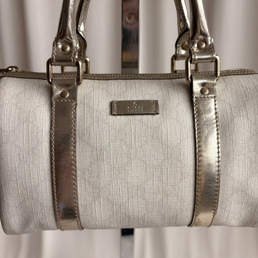 Gucci Small Joy Boston Bag - GG Supreme Canvas, White/Gold, Metallic Silver Trim